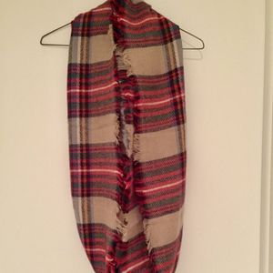 Brown and Red Plaid Infinity Scarf, Circle Scarf